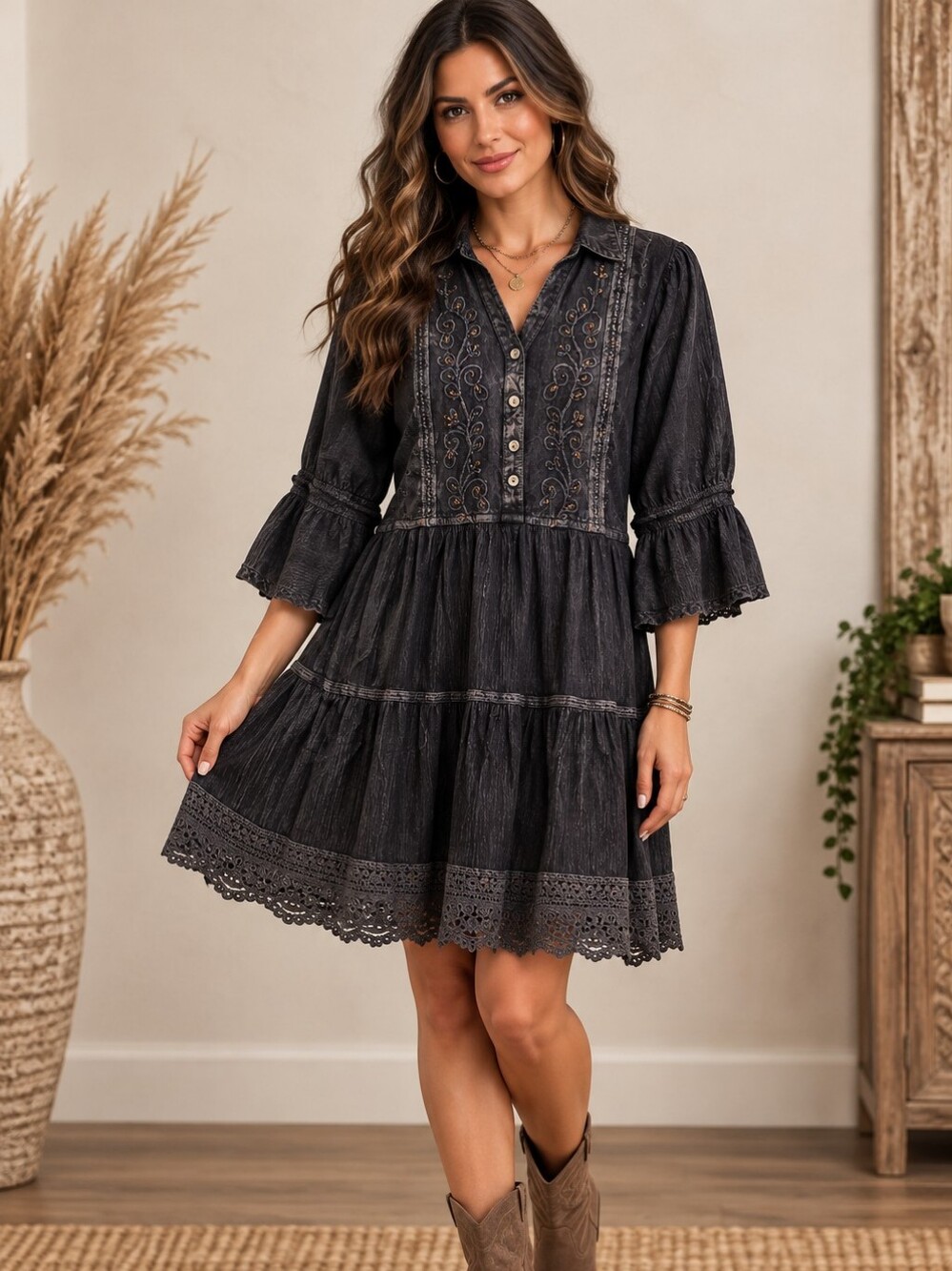 544.Boho Embroidered Tiered Black Dress Crochet Trim
